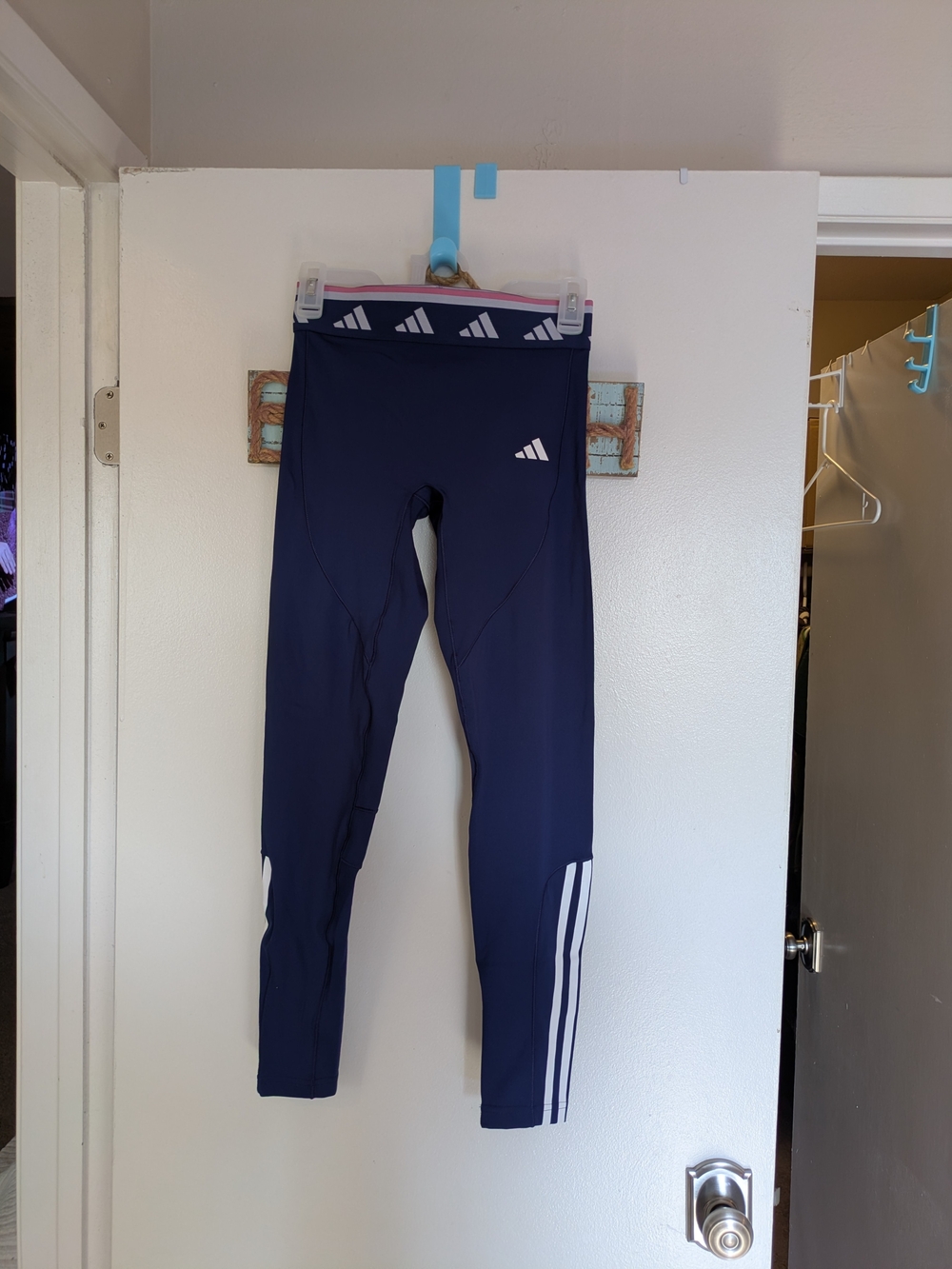 adidas Women Dark Blue Athletic Leggings with White Stripes